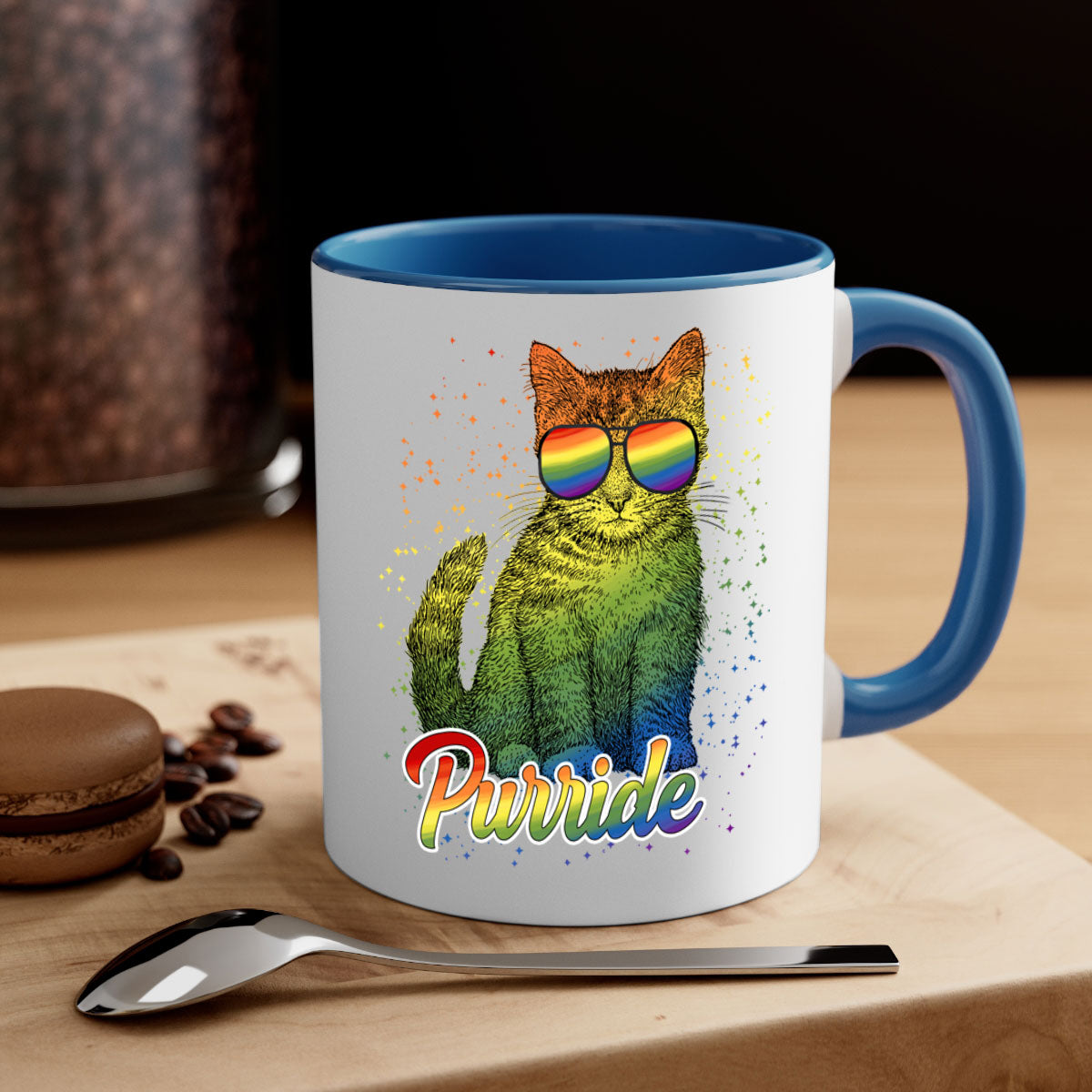 Cat Purride LGBT Flag Mug featuring a colorful design with a glossy finish and a C-shaped handle, available in multiple colors.