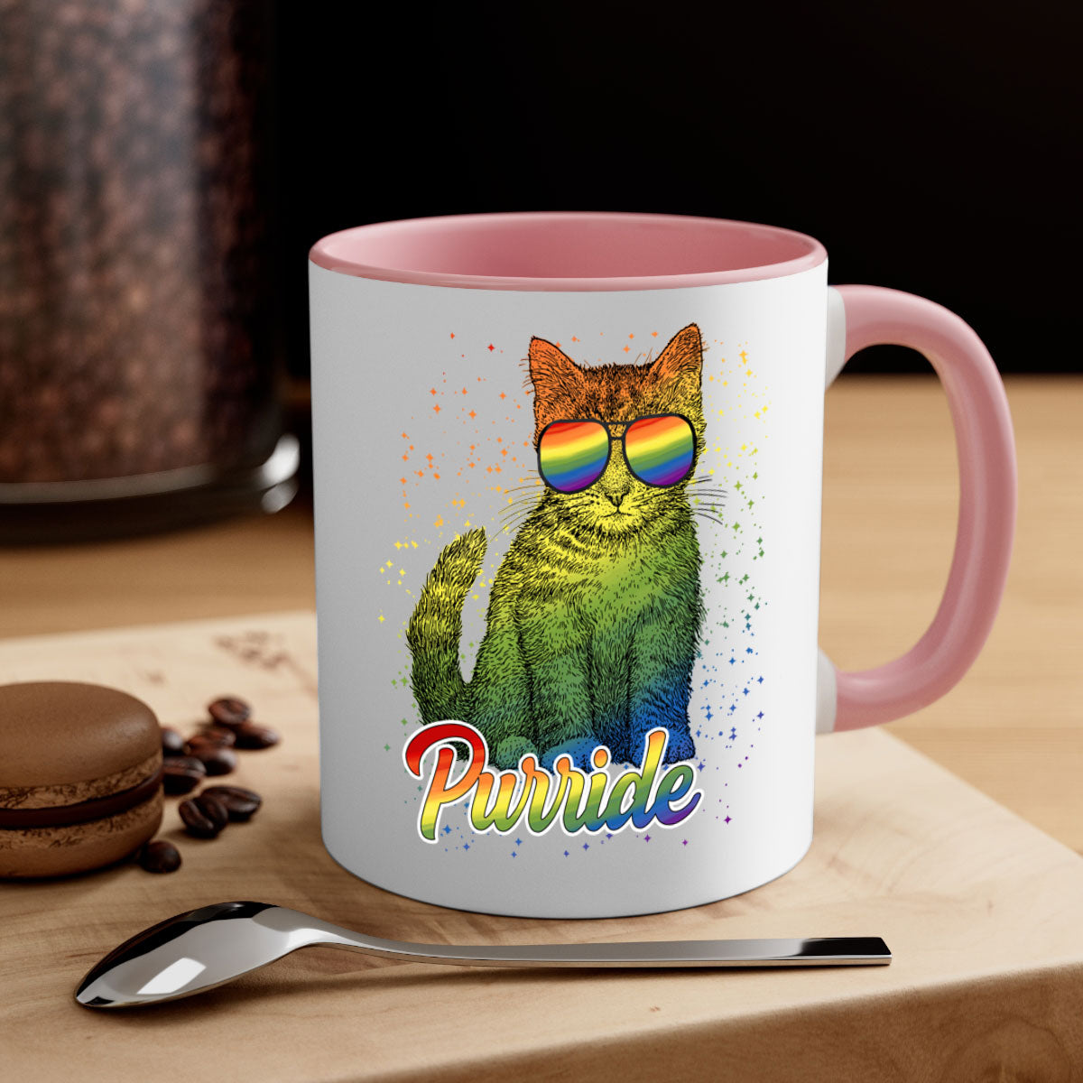 Cat Purride LGBT Flag Mug featuring a colorful design with a glossy finish and a C-shaped handle, available in multiple colors.