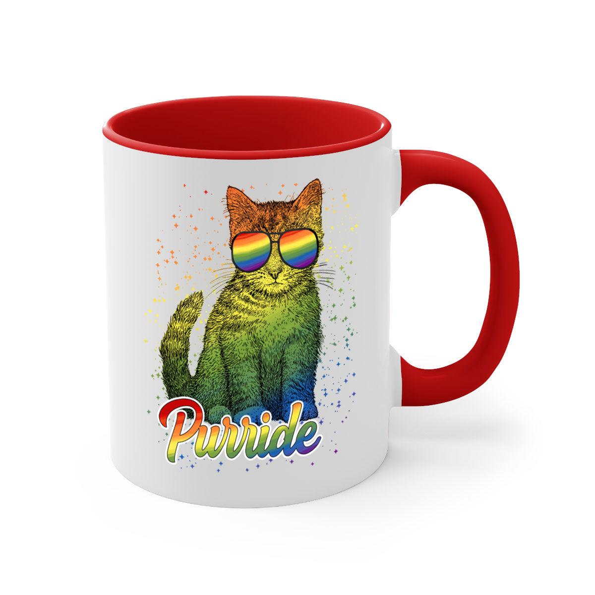 Cat Purride LGBT Flag Mug featuring a colorful design with a glossy finish and a C-shaped handle, available in multiple colors.