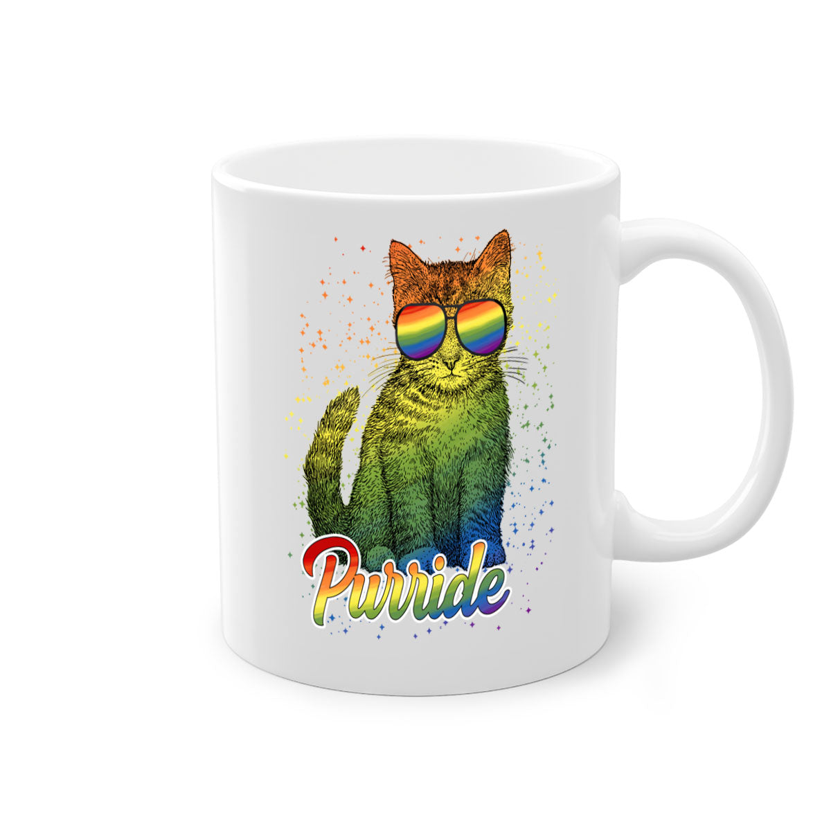Cat Purride LGBT Flag Mug featuring a colorful design with a glossy finish and a C-shaped handle, available in multiple colors.