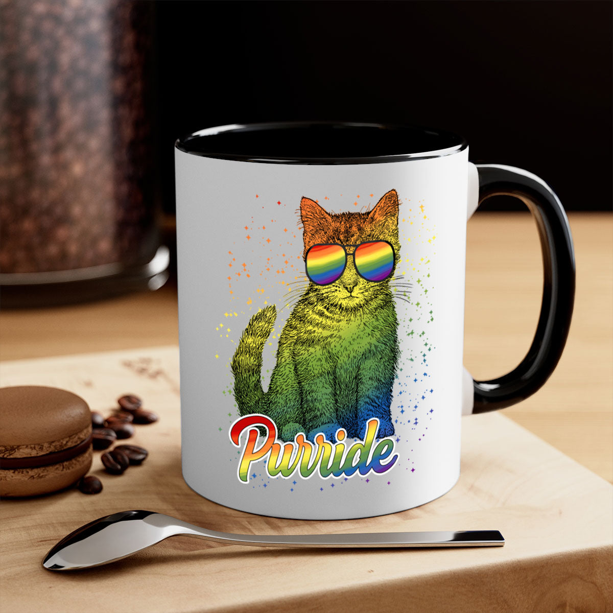 Cat Purride LGBT Flag Mug featuring a colorful design with a glossy finish and a C-shaped handle, available in multiple colors.