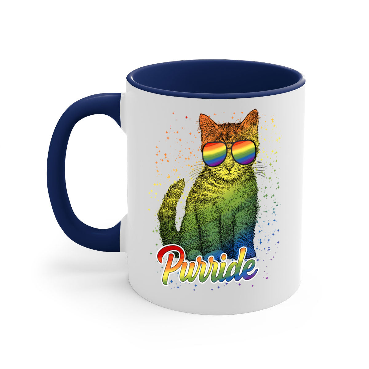 Cat Purride LGBT Flag Mug featuring a colorful design with a glossy finish and a C-shaped handle, available in multiple colors.