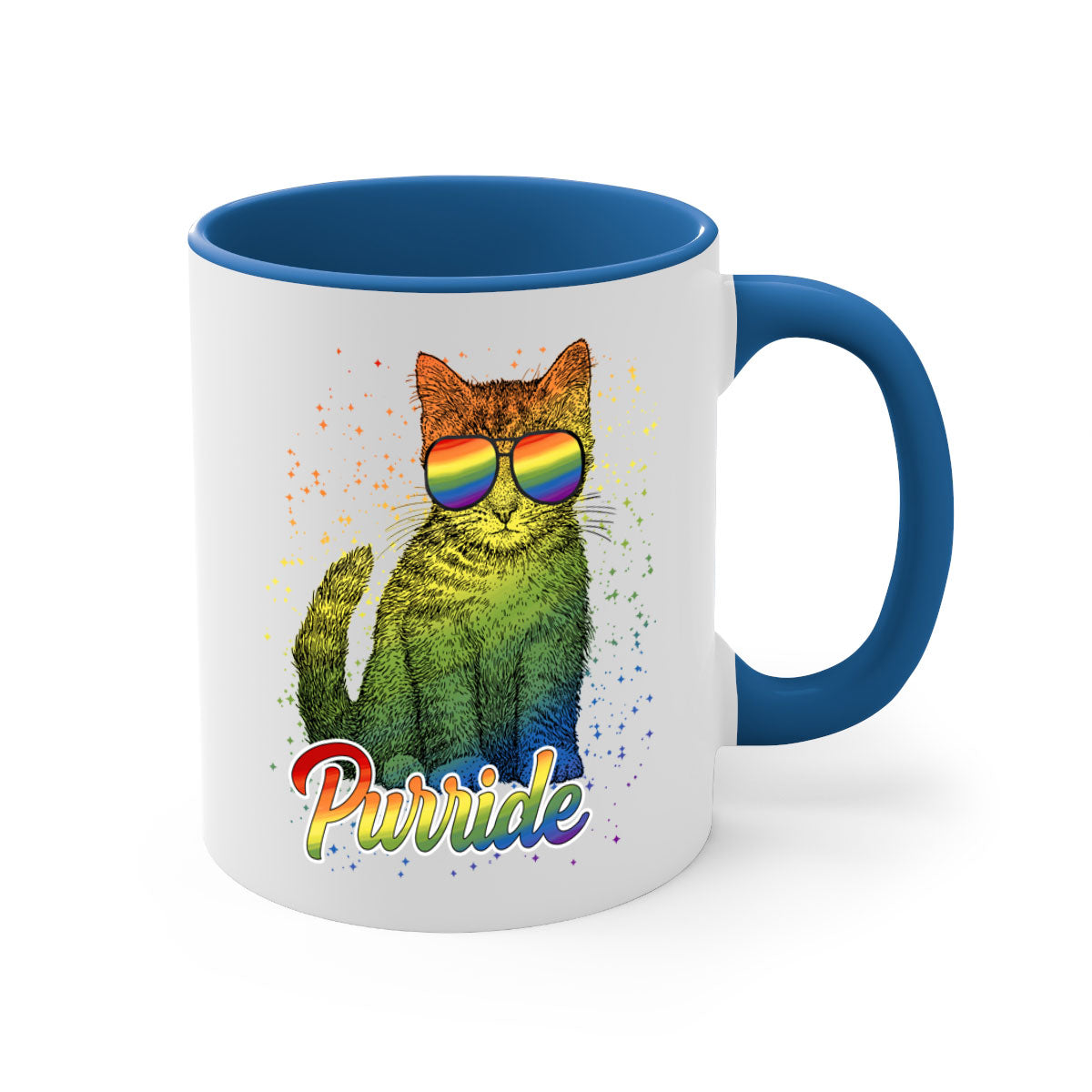 Cat Purride LGBT Flag Mug featuring a colorful design with a glossy finish and a C-shaped handle, available in multiple colors.