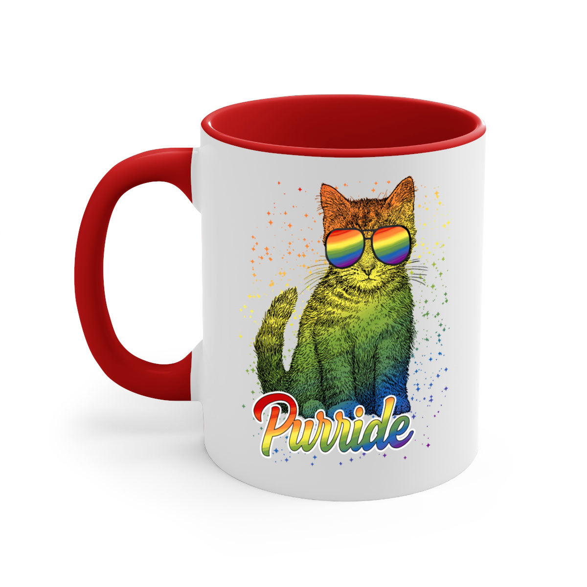 Cat Purride LGBT Flag Mug featuring a colorful design with a glossy finish and a C-shaped handle, available in multiple colors.