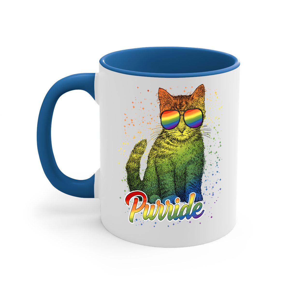 Cat Purride LGBT Flag Mug featuring a colorful design with a glossy finish and a C-shaped handle, available in multiple colors.