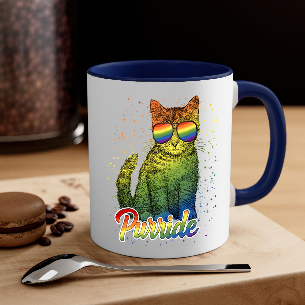 Cat Purride LGBT Flag Mug featuring a colorful design with a glossy finish and a C-shaped handle, available in multiple colors.