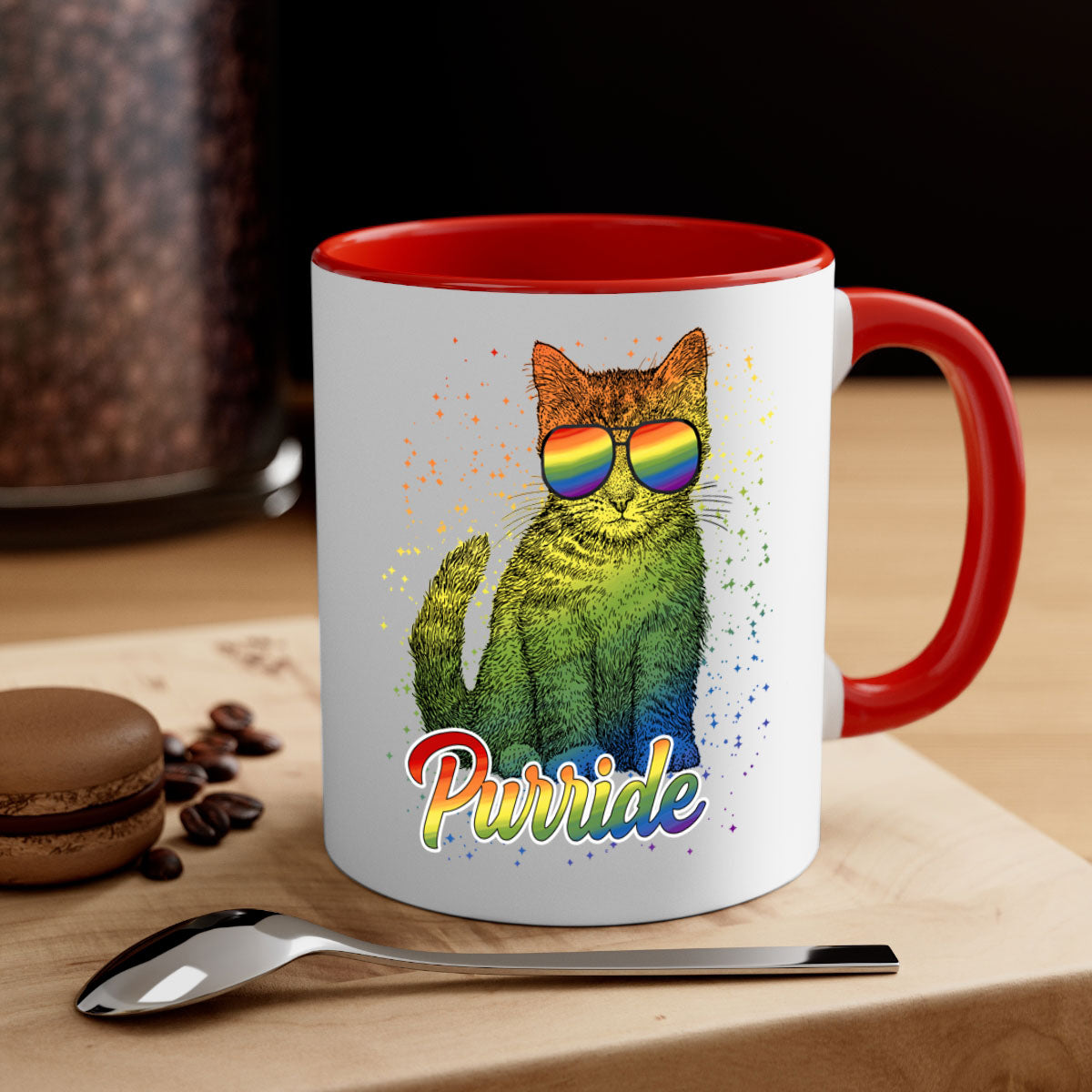 Cat Purride LGBT Flag Mug featuring a colorful design with a glossy finish and a C-shaped handle, available in multiple colors.
