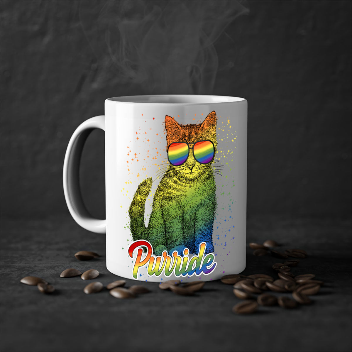 Cat Purride LGBT Flag Mug featuring a colorful design with a glossy finish and a C-shaped handle, available in multiple colors.