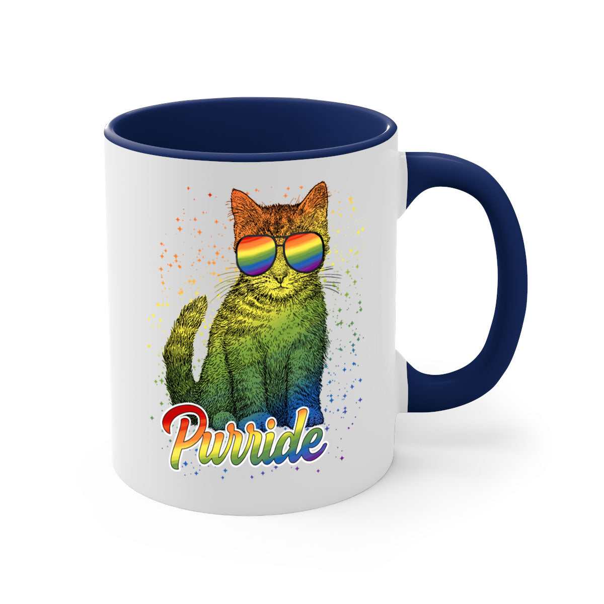 Cat Purride LGBT Flag Mug featuring a colorful design with a glossy finish and a C-shaped handle, available in multiple colors.