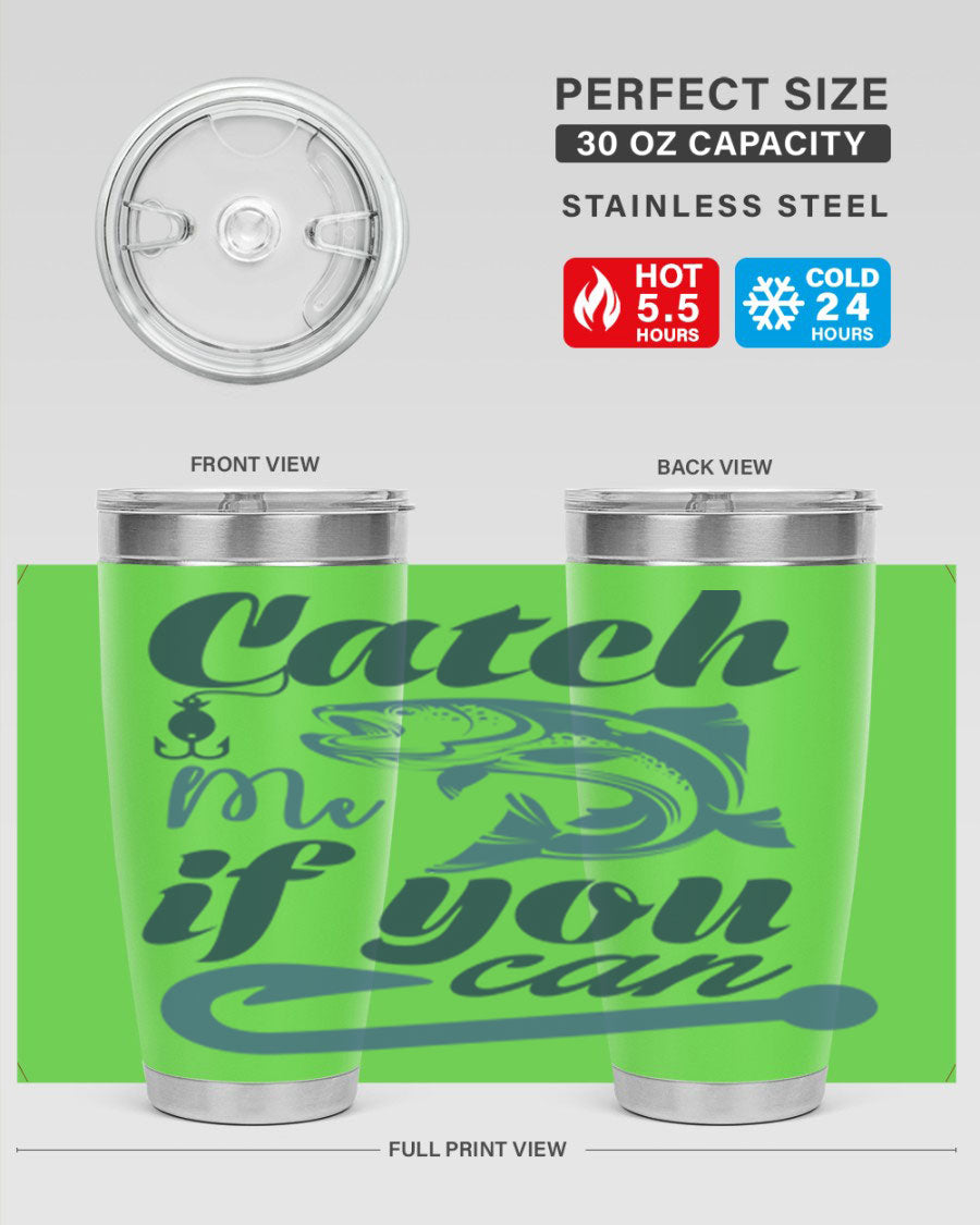 Catch Me 172# Fishing Tumbler in stainless steel with a vibrant fishing-themed design, showcasing its double wall vacuum insulation.