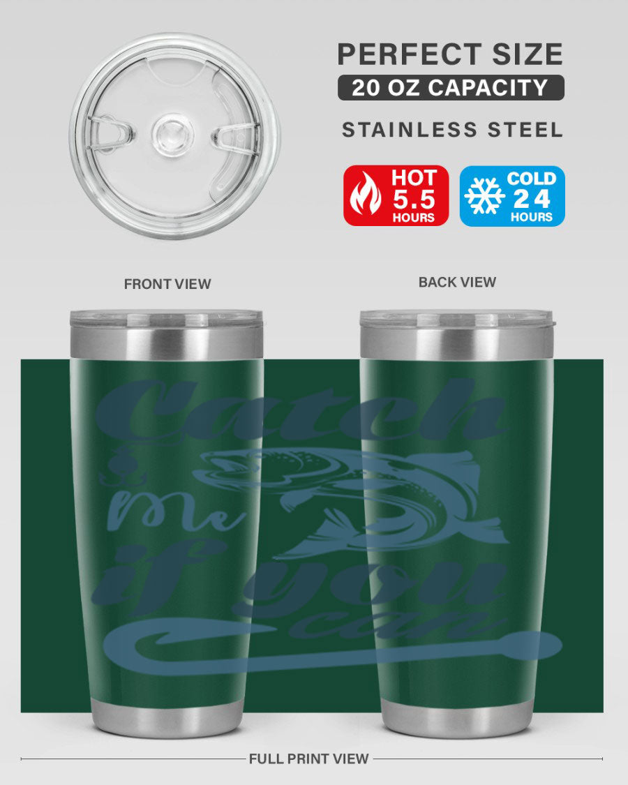 Catch Me 172# Fishing Tumbler in stainless steel with a vibrant fishing-themed design, showcasing its double wall vacuum insulation.