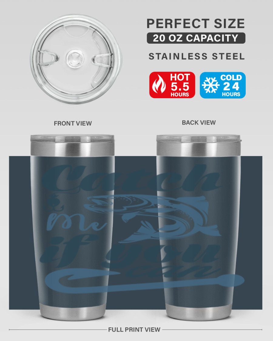 Catch Me 172# Fishing Tumbler in stainless steel with a vibrant fishing-themed design, showcasing its double wall vacuum insulation.