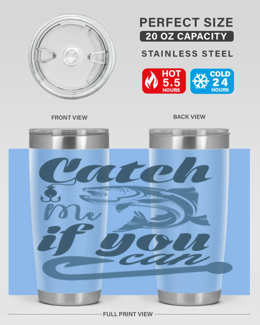 Catch Me 172# Fishing Tumbler in stainless steel with a vibrant fishing-themed design, showcasing its double wall vacuum insulation.