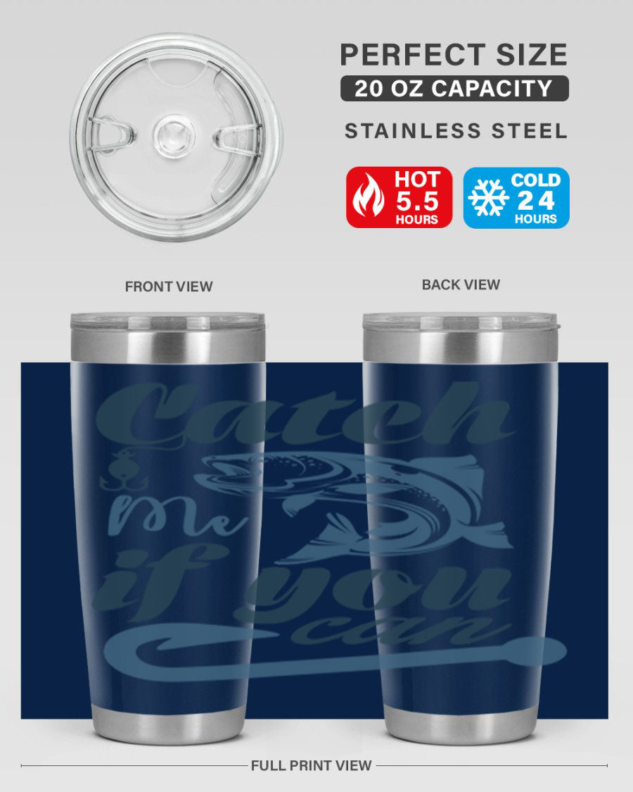 Catch Me 172# Fishing Tumbler in stainless steel with a vibrant fishing-themed design, showcasing its double wall vacuum insulation.