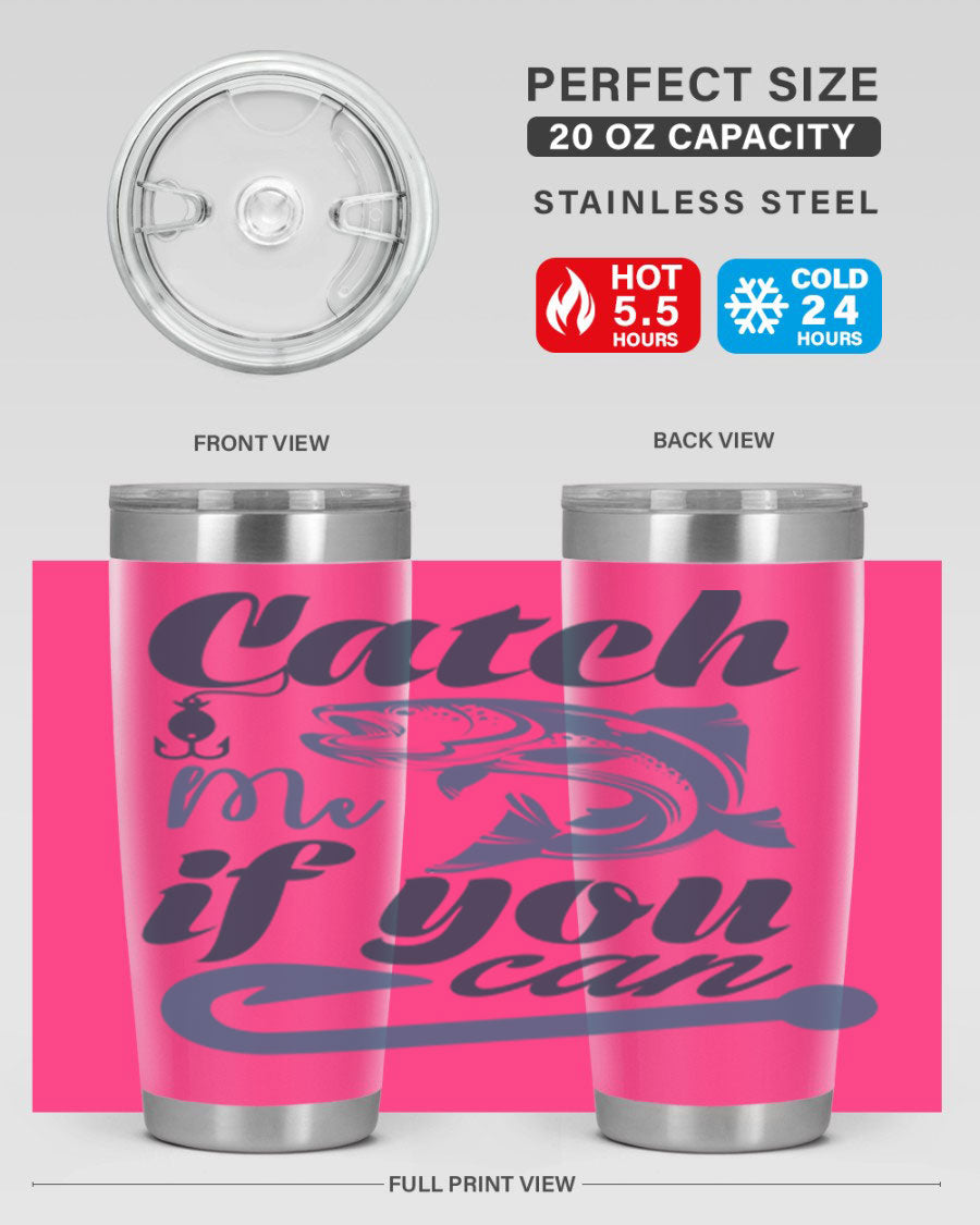 Catch Me 172# Fishing Tumbler in stainless steel with a vibrant fishing-themed design, showcasing its double wall vacuum insulation.