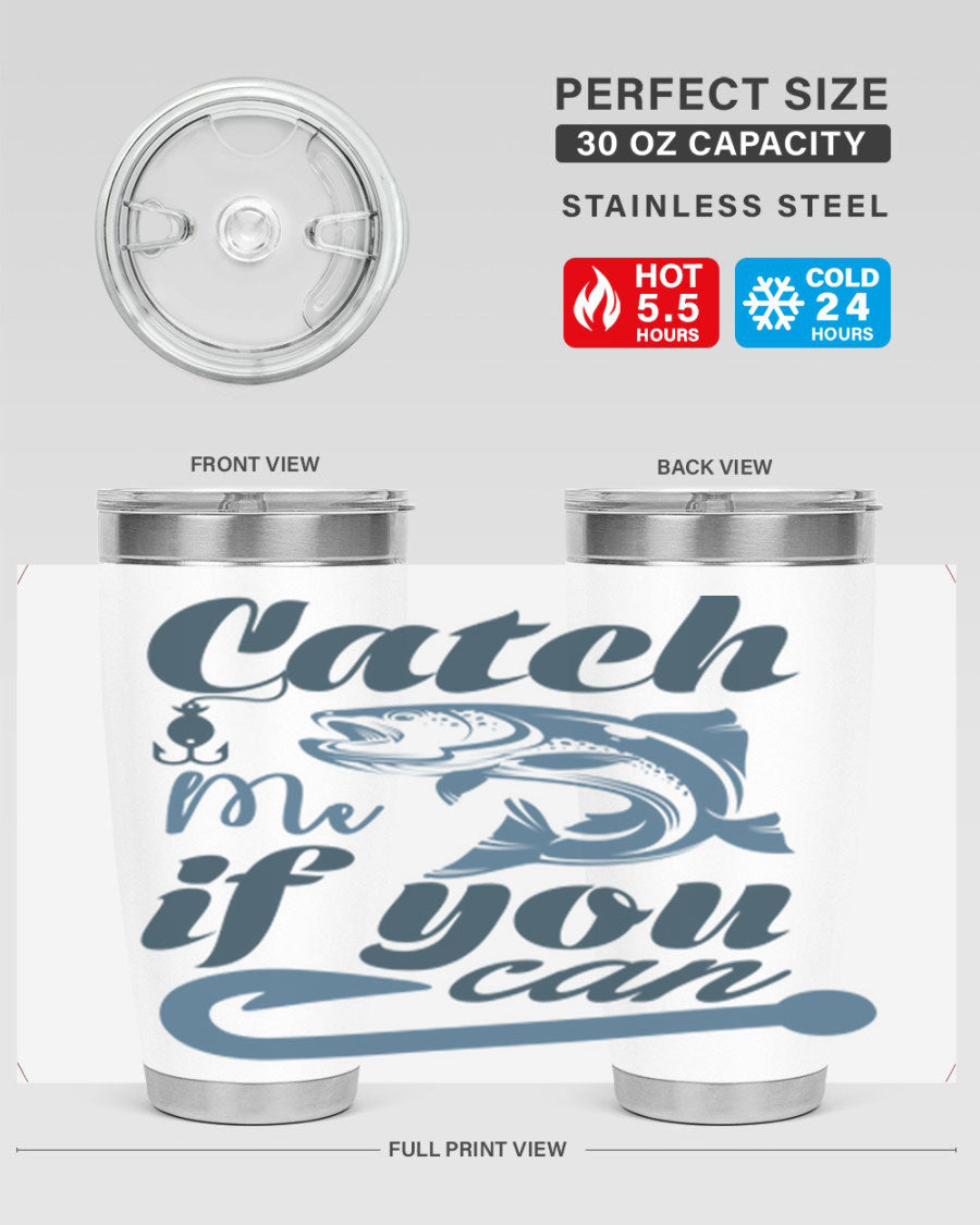 Catch Me 172# Fishing Tumbler in stainless steel with a vibrant fishing-themed design, showcasing its double wall vacuum insulation.