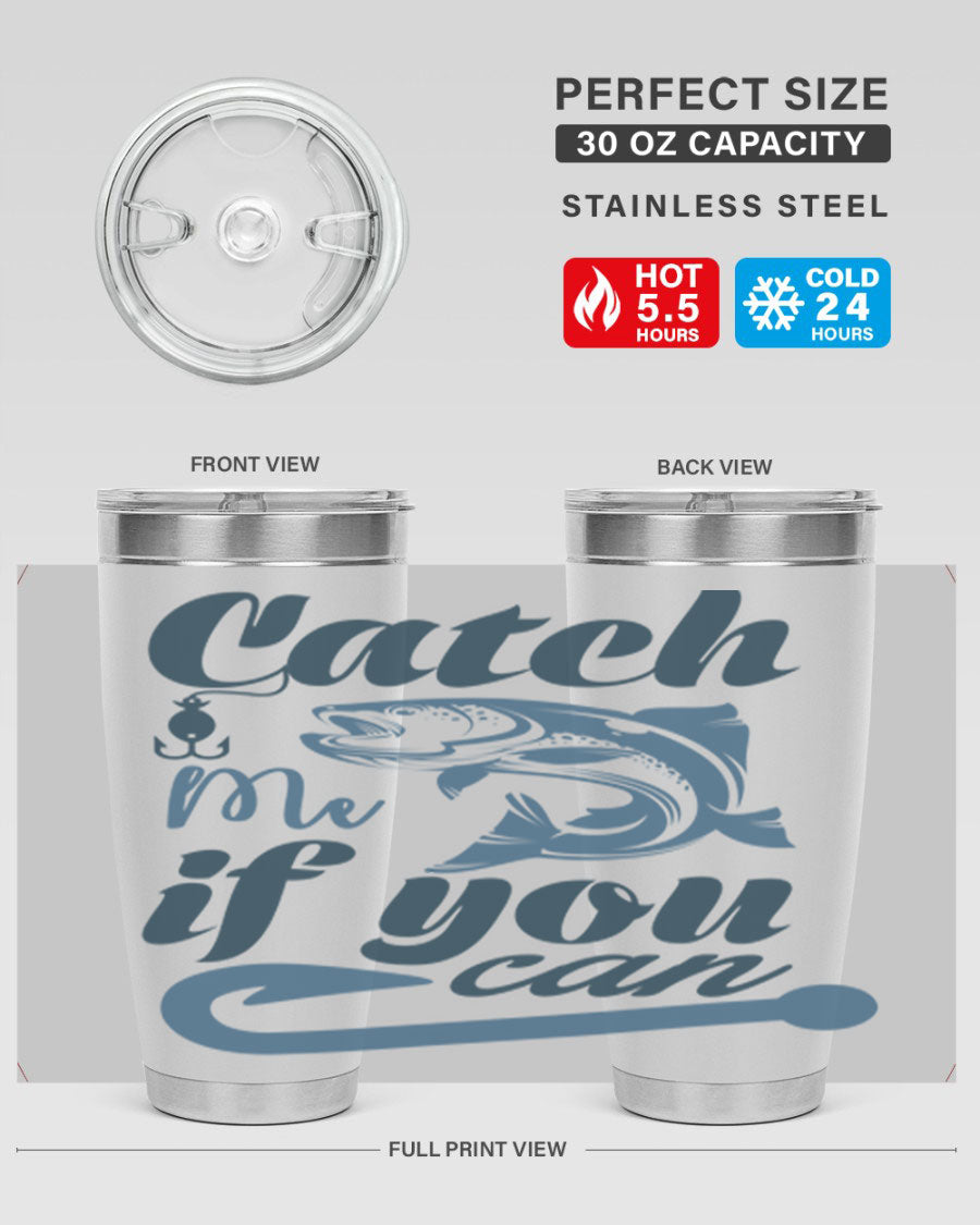 Catch Me 172# Fishing Tumbler in stainless steel with a vibrant fishing-themed design, showcasing its double wall vacuum insulation.