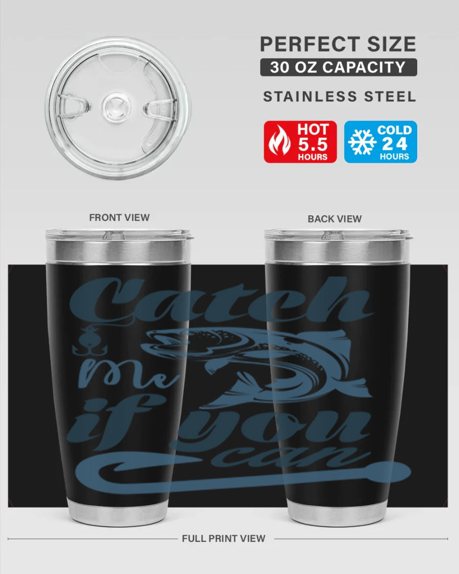 Catch Me 172# Fishing Tumbler in stainless steel with a vibrant fishing-themed design, showcasing its double wall vacuum insulation.