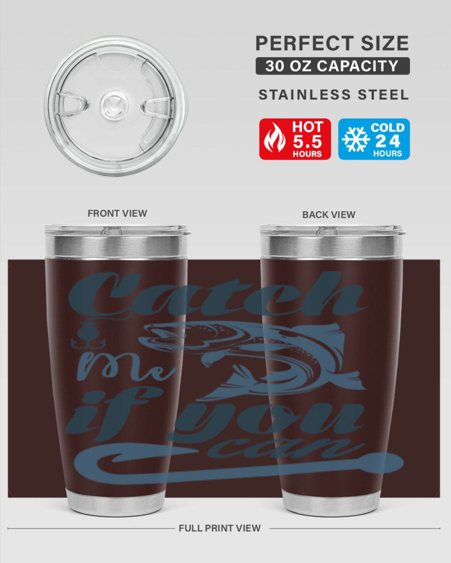 Catch Me 172# Fishing Tumbler in stainless steel with a vibrant fishing-themed design, showcasing its double wall vacuum insulation.