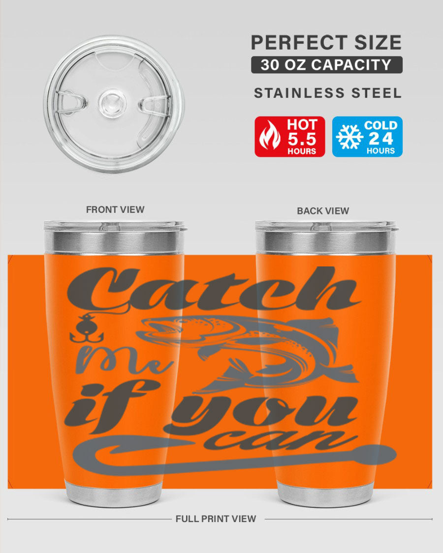 Catch Me 172# Fishing Tumbler in stainless steel with a vibrant fishing-themed design, showcasing its double wall vacuum insulation.