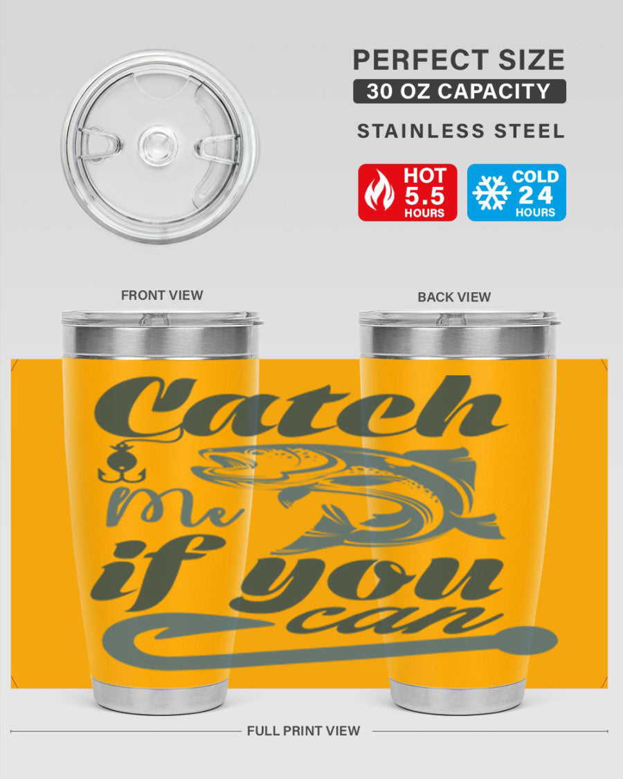 Catch Me 172# Fishing Tumbler in stainless steel with a vibrant fishing-themed design, showcasing its double wall vacuum insulation.