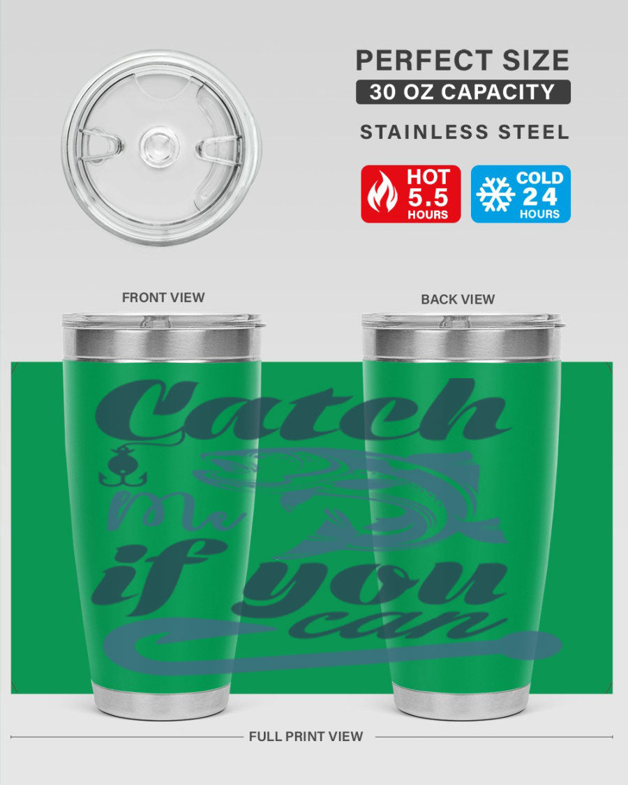 Catch Me 172# Fishing Tumbler in stainless steel with a vibrant fishing-themed design, showcasing its double wall vacuum insulation.