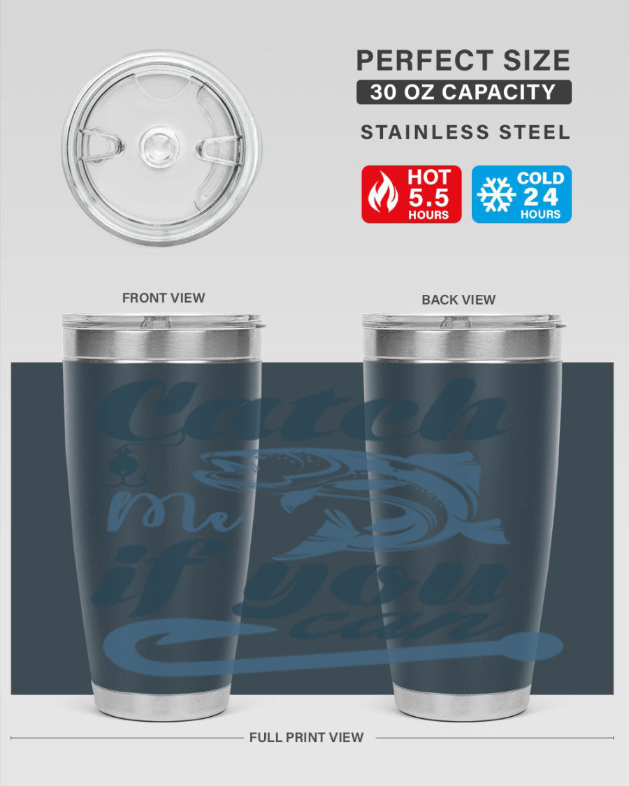 Catch Me 172# Fishing Tumbler in stainless steel with a vibrant fishing-themed design, showcasing its double wall vacuum insulation.