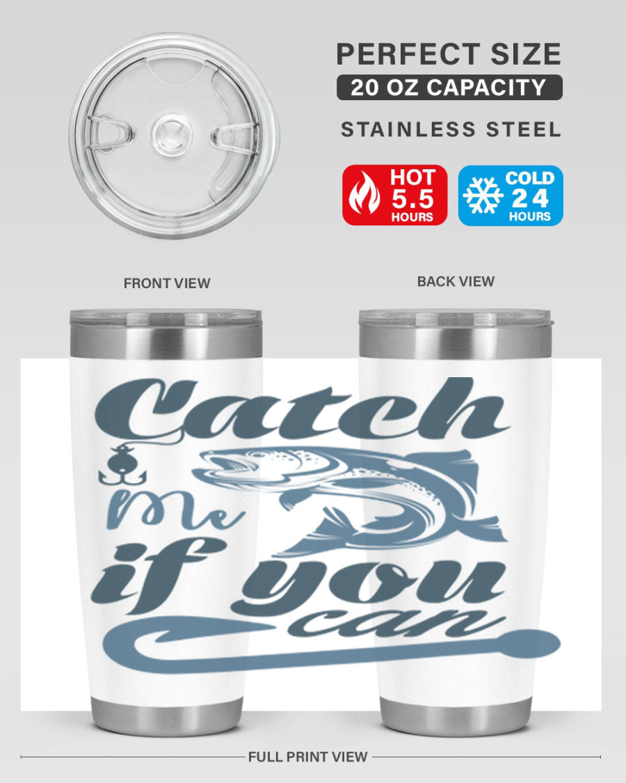 Catch Me 172# Fishing Tumbler in stainless steel with a vibrant fishing-themed design, showcasing its double wall vacuum insulation.