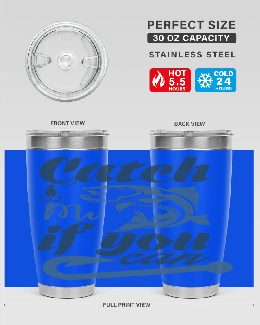 Catch Me 172# Fishing Tumbler in stainless steel with a vibrant fishing-themed design, showcasing its double wall vacuum insulation.