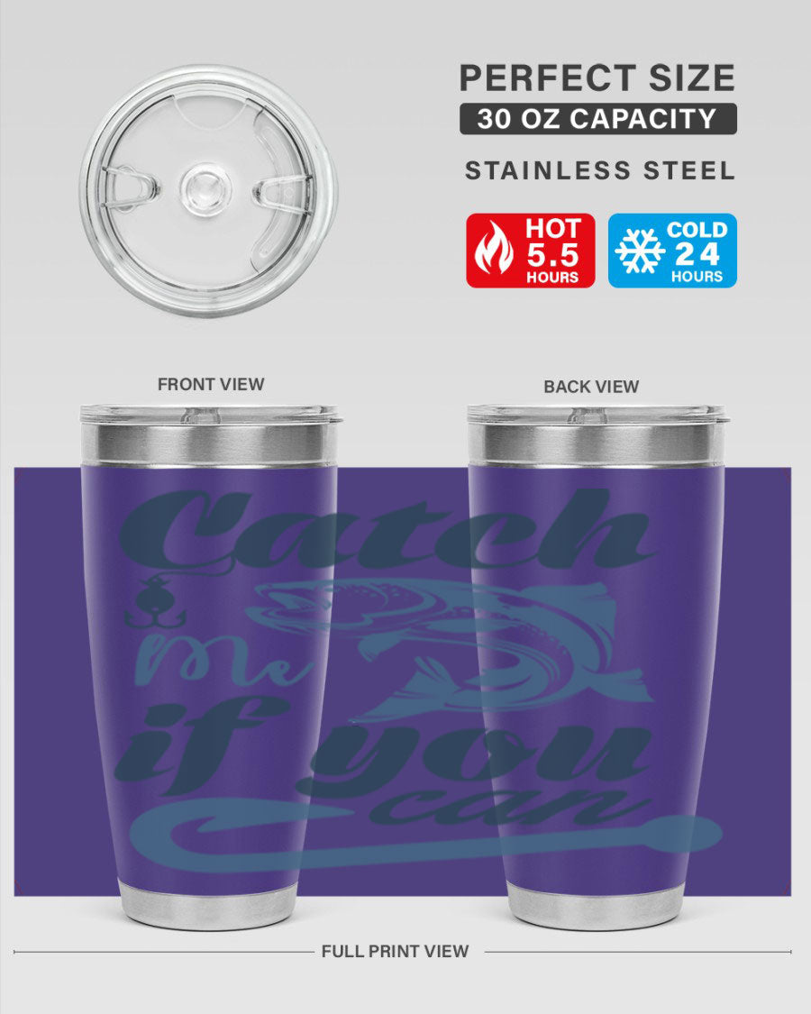 Catch Me 172# Fishing Tumbler in stainless steel with a vibrant fishing-themed design, showcasing its double wall vacuum insulation.