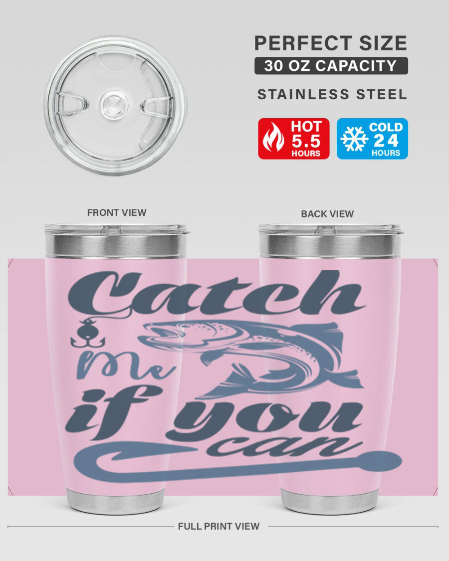 Catch Me 172# Fishing Tumbler in stainless steel with a vibrant fishing-themed design, showcasing its double wall vacuum insulation.
