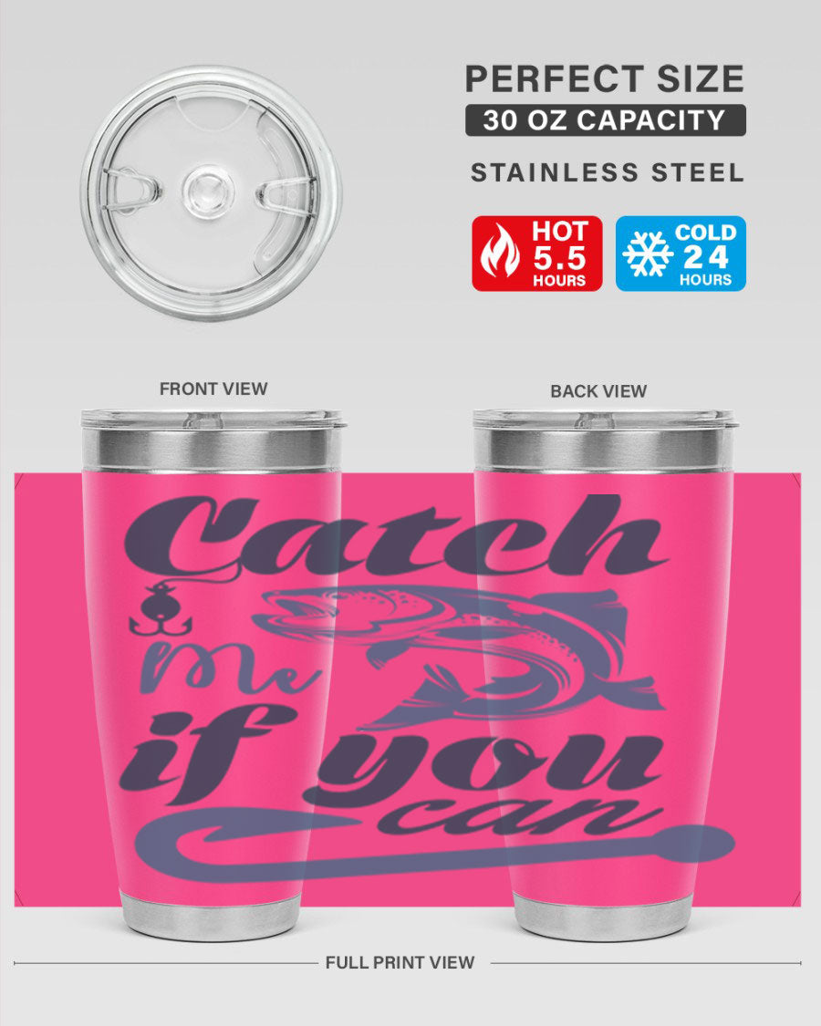 Catch Me 172# Fishing Tumbler in stainless steel with a vibrant fishing-themed design, showcasing its double wall vacuum insulation.
