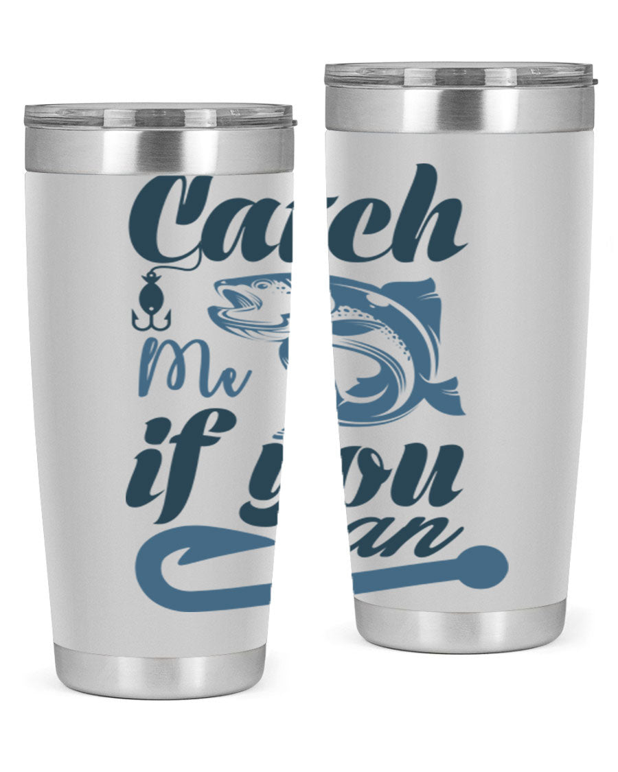 Catch Me 172# Fishing Tumbler in stainless steel with a vibrant fishing-themed design, showcasing its double wall vacuum insulation.