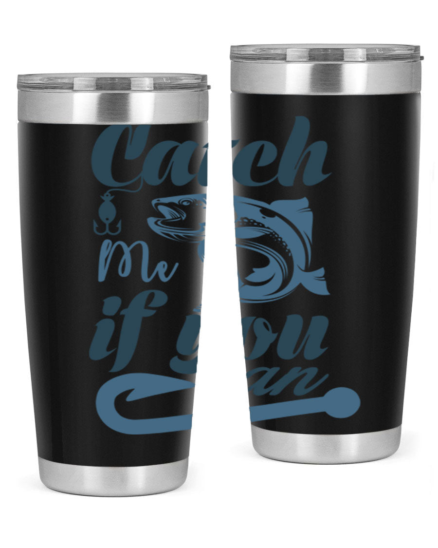 Catch Me 172# Fishing Tumbler in stainless steel with a vibrant fishing-themed design, showcasing its double wall vacuum insulation.
