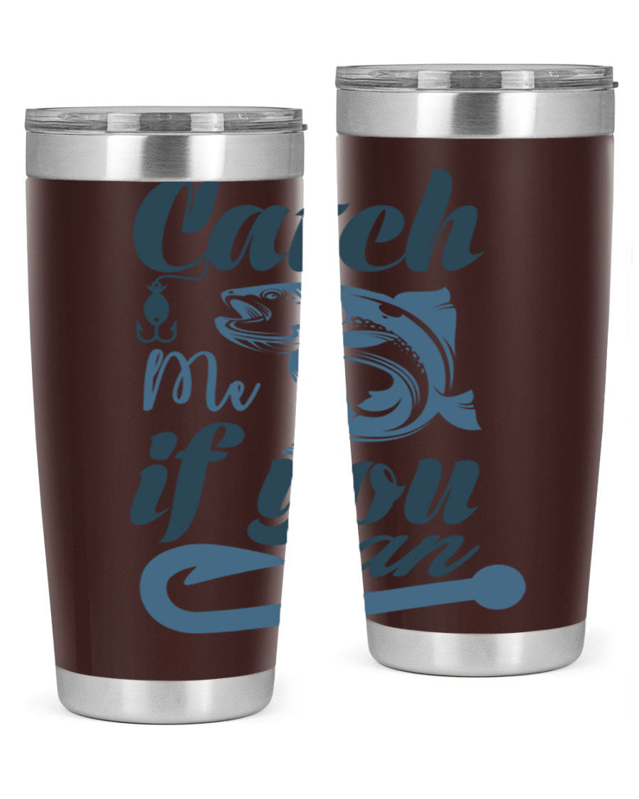 Catch Me 172# Fishing Tumbler in stainless steel with a vibrant fishing-themed design, showcasing its double wall vacuum insulation.