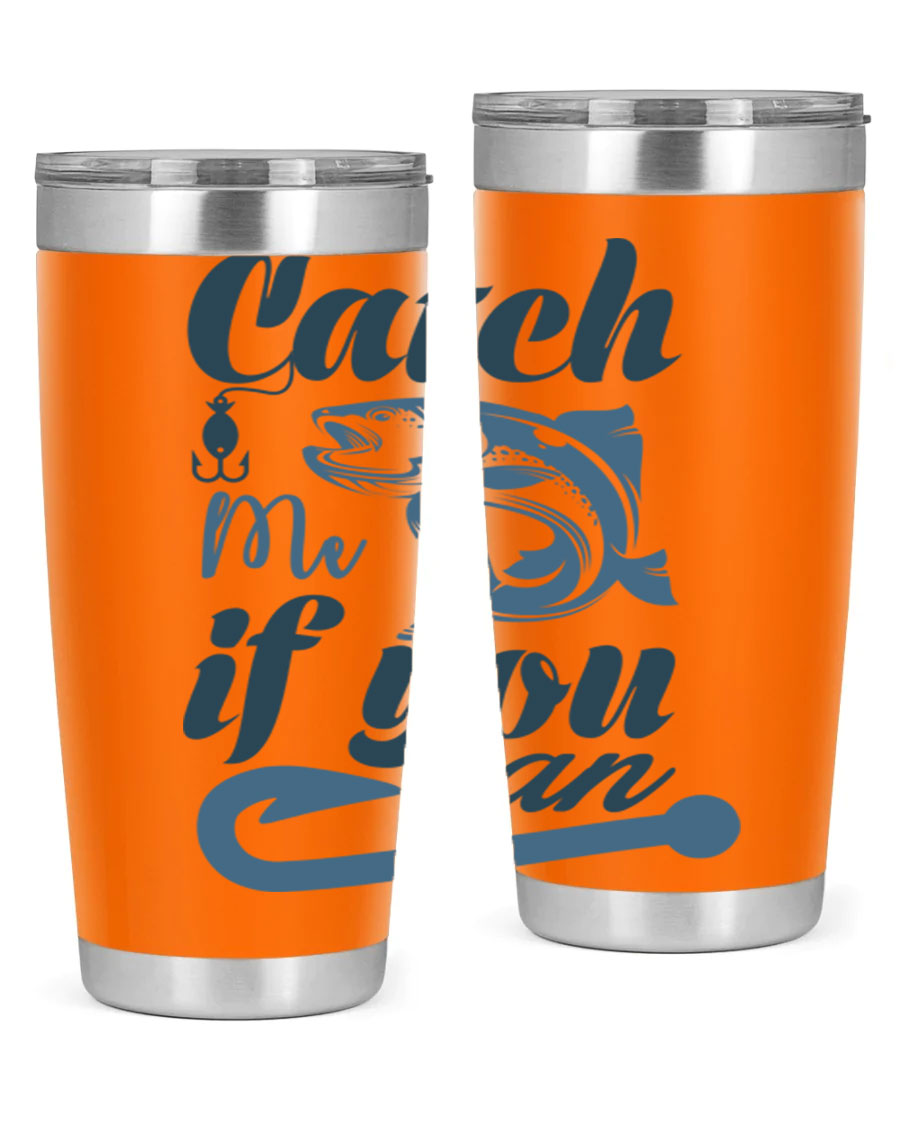 Catch Me 172# Fishing Tumbler in stainless steel with a vibrant fishing-themed design, showcasing its double wall vacuum insulation.