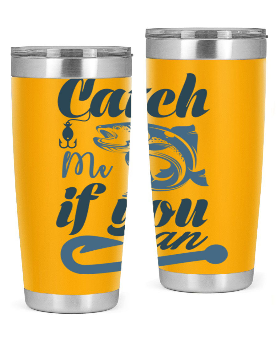 Catch Me 172# Fishing Tumbler in stainless steel with a vibrant fishing-themed design, showcasing its double wall vacuum insulation.