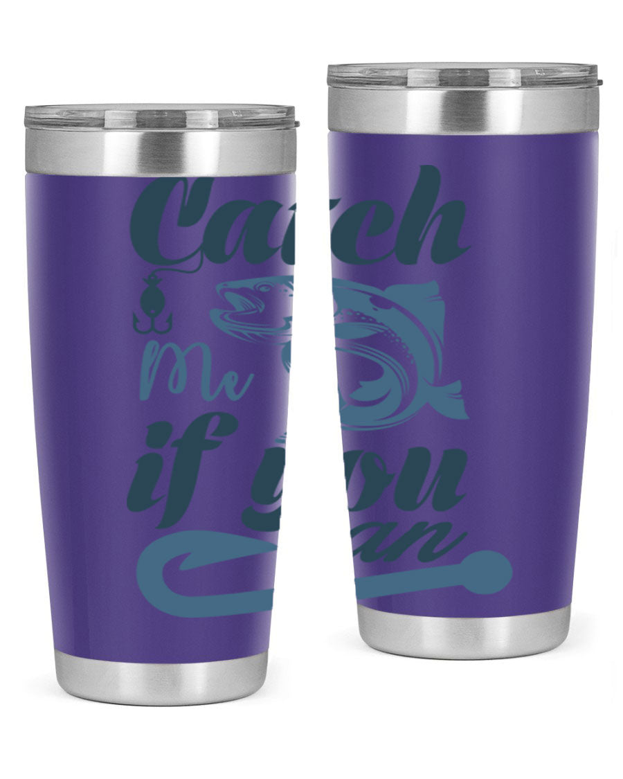 Catch Me 172# Fishing Tumbler in stainless steel with a vibrant fishing-themed design, showcasing its double wall vacuum insulation.