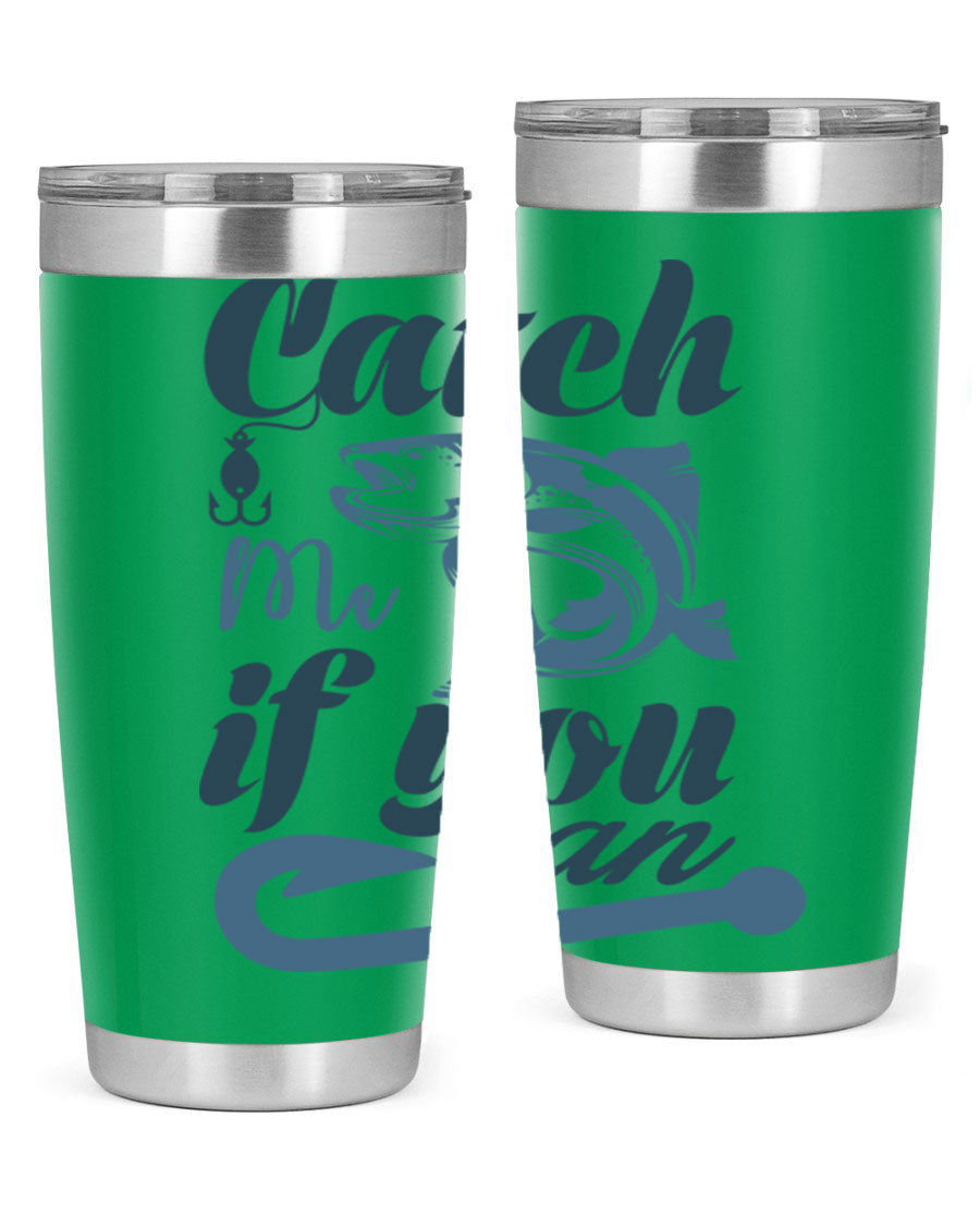 Catch Me 172# Fishing Tumbler in stainless steel with a vibrant fishing-themed design, showcasing its double wall vacuum insulation.