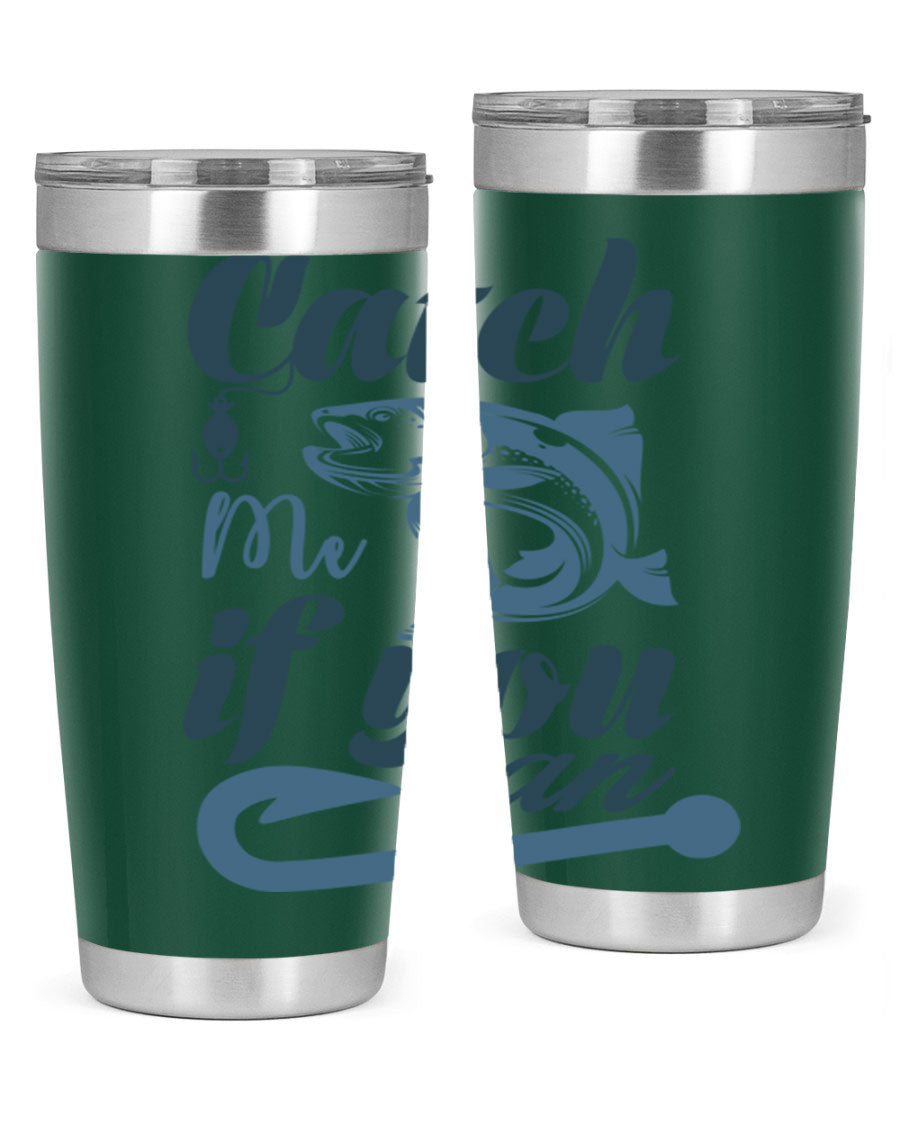 Catch Me 172# Fishing Tumbler in stainless steel with a vibrant fishing-themed design, showcasing its double wall vacuum insulation.