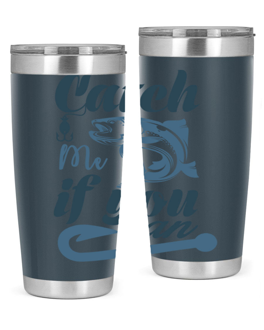 Catch Me 172# Fishing Tumbler in stainless steel with a vibrant fishing-themed design, showcasing its double wall vacuum insulation.