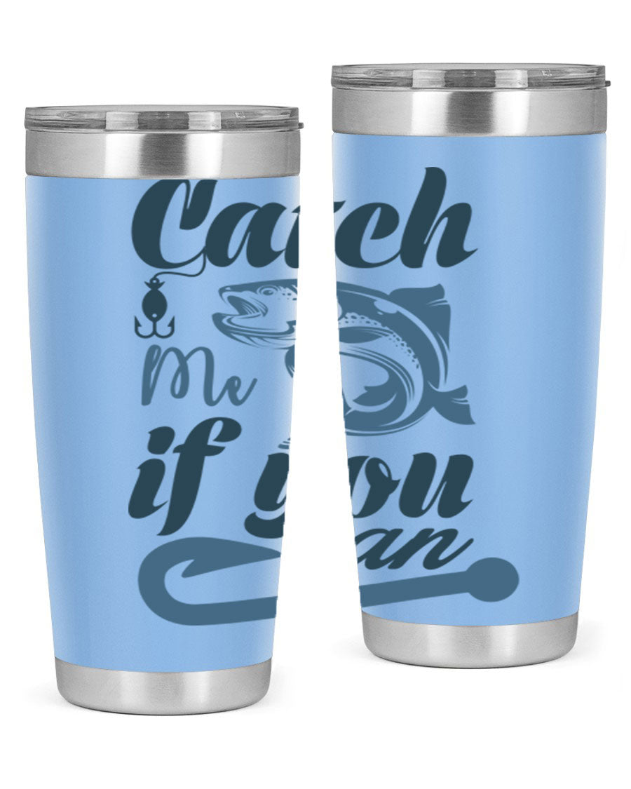 Catch Me 172# Fishing Tumbler in stainless steel with a vibrant fishing-themed design, showcasing its double wall vacuum insulation.