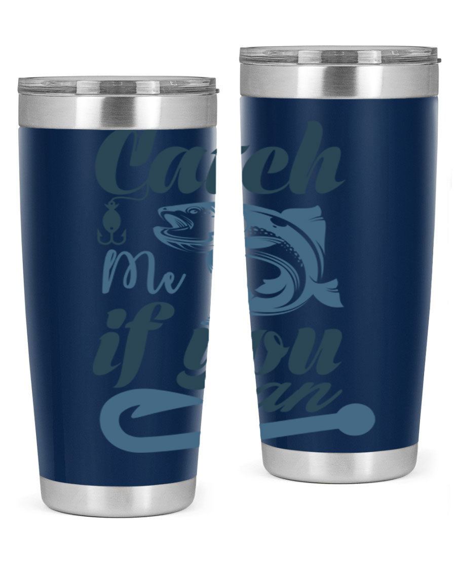 Catch Me 172# Fishing Tumbler in stainless steel with a vibrant fishing-themed design, showcasing its double wall vacuum insulation.