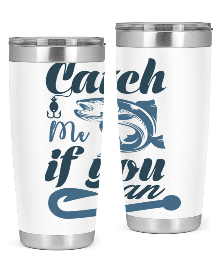 Catch Me 172# Fishing Tumbler in stainless steel with a vibrant fishing-themed design, showcasing its double wall vacuum insulation.