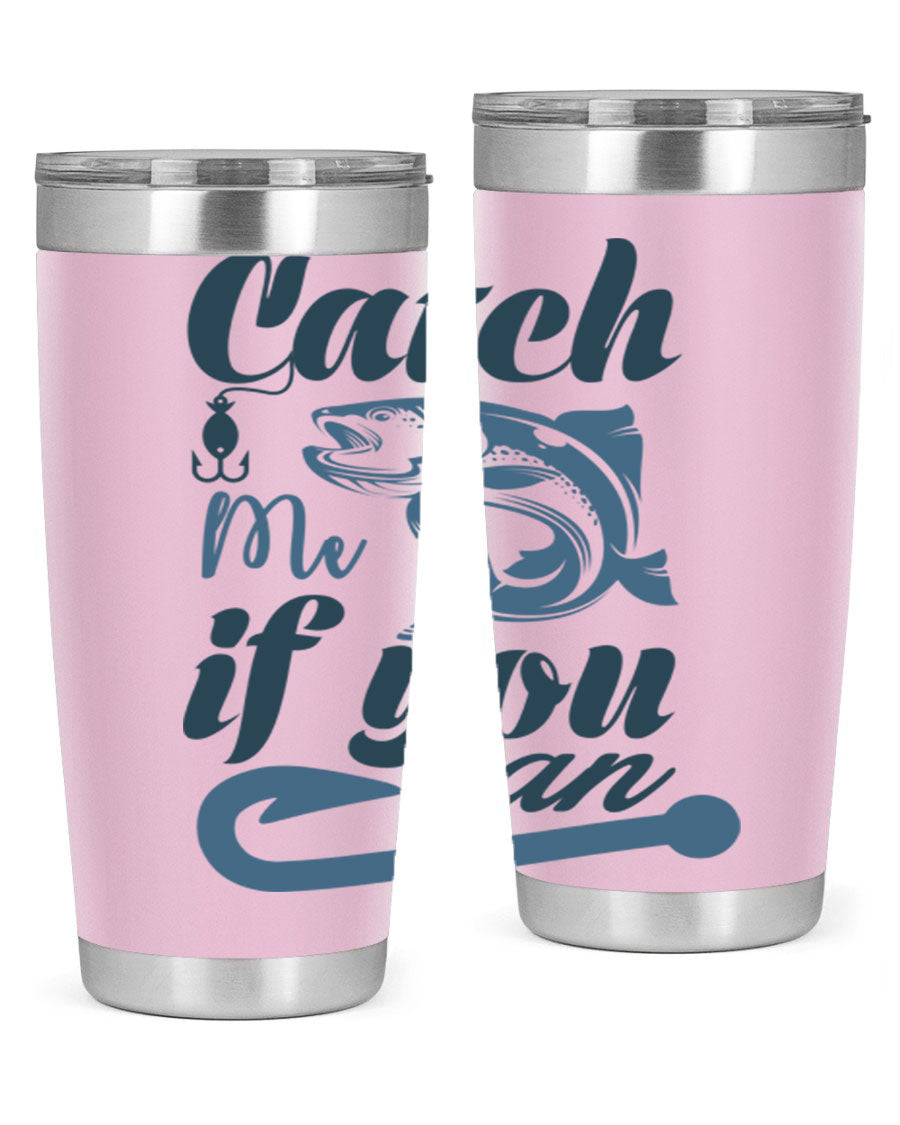 Catch Me 172# Fishing Tumbler in stainless steel with a vibrant fishing-themed design, showcasing its double wall vacuum insulation.