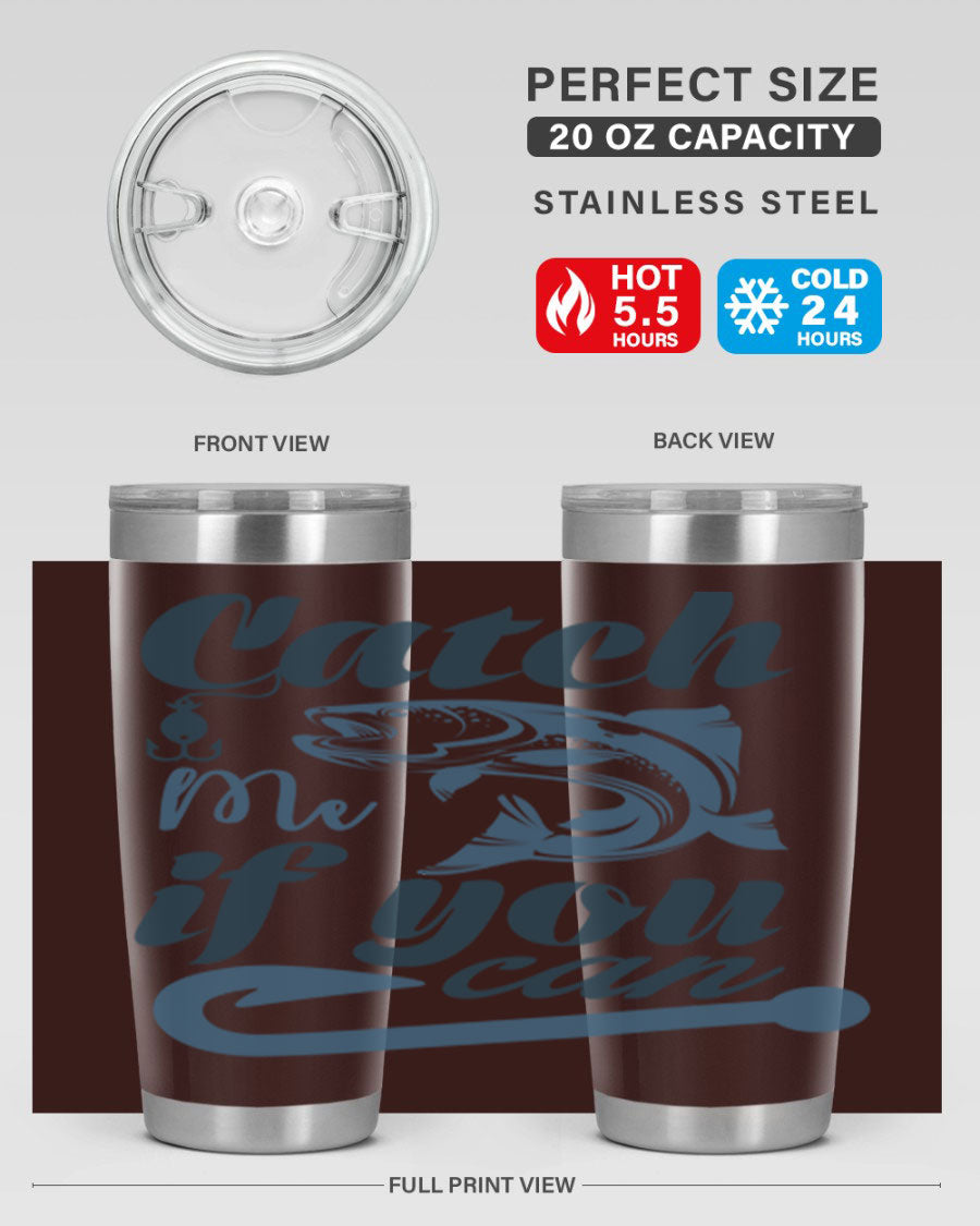 Catch Me 172# Fishing Tumbler in stainless steel with a vibrant fishing-themed design, showcasing its double wall vacuum insulation.