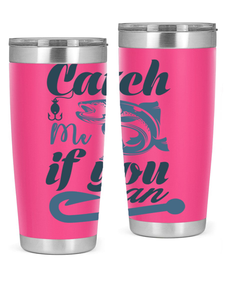 Catch Me 172# Fishing Tumbler in stainless steel with a vibrant fishing-themed design, showcasing its double wall vacuum insulation.