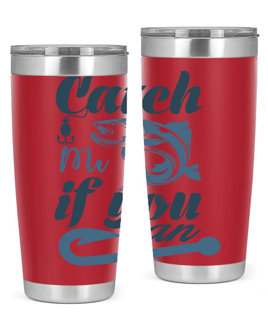 Catch Me 172# Fishing Tumbler in stainless steel with a vibrant fishing-themed design, showcasing its double wall vacuum insulation.