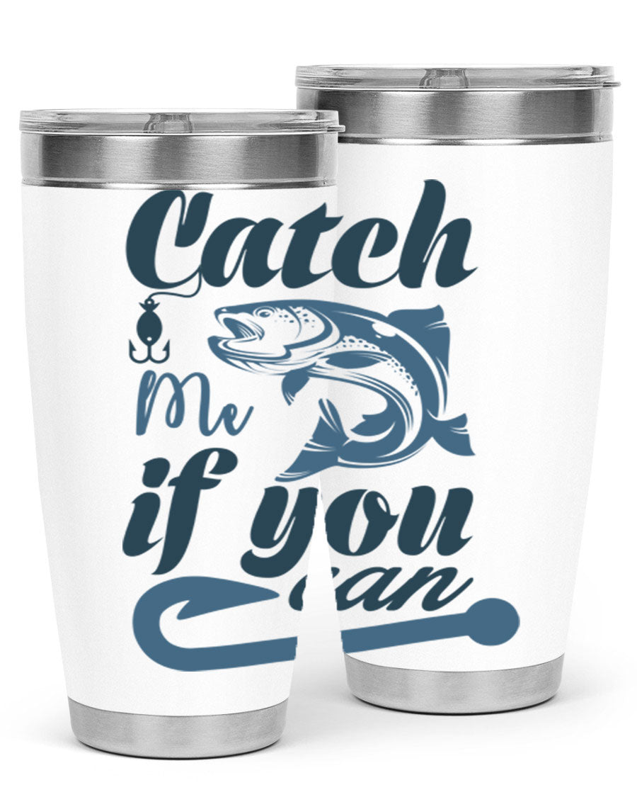 Catch Me 172# Fishing Tumbler in stainless steel with a vibrant fishing-themed design, showcasing its double wall vacuum insulation.