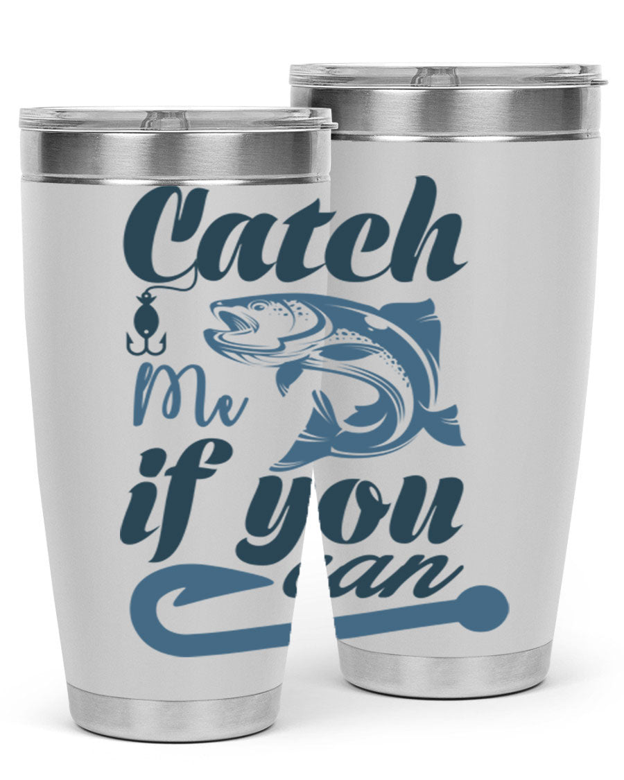 Catch Me 172# Fishing Tumbler in stainless steel with a vibrant fishing-themed design, showcasing its double wall vacuum insulation.
